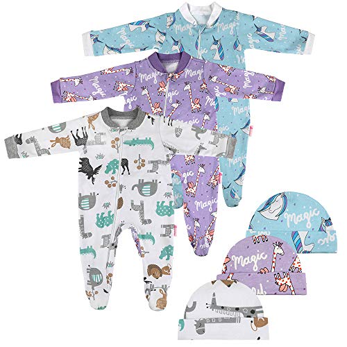 Lictin 6 Piezas Pijama para Bebé- Mameluco de Algodón con Cremallera con Puntos de Pegamento Antideslizantes para Pies, Pintura de Animal para Bebes (3-6 Meses)