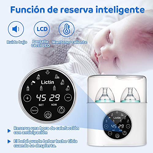 Lictin Calienta Biberones- 5 in 1 Calienta Biberón con Función de Descongelación,Esterilizador y Calentación para Leche Fórmula Potitos,Calentar 2 Botellas al Mismo Tiempo con Herramientas de Limpieza