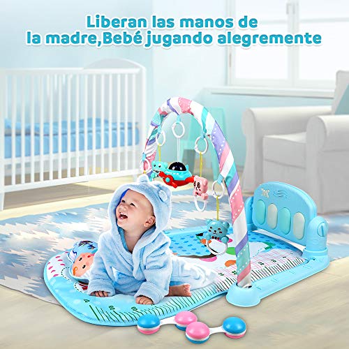Lictin Gimnasio Piano Bebé-Manta Gimnasio Piano Pataditas Bebés, Gimnasio Bebé con Piano de Juguete, Almohada, Mancuerna y Espejo Pequeño, de 73cm/28.6in, para 3-9 Meses, Azul