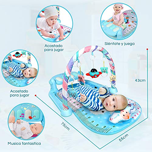 Lictin Gimnasio Piano Bebé-Manta Gimnasio Piano Pataditas Bebés, Gimnasio Bebé con Piano de Juguete, Almohada, Mancuerna y Espejo Pequeño, de 73cm/28.6in, para 3-9 Meses, Azul