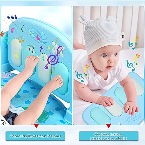 Lictin Gimnasio Piano Bebé-Manta Gimnasio Piano Pataditas Bebés, Gimnasio Bebé con Piano de Juguete, Almohada, Mancuerna y Espejo Pequeño, de 73cm/28.6in, para 3-9 Meses, Azul