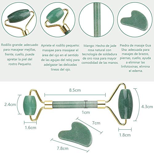 Lictin Rodillo de Jade Facial Masaje- 2 pcs Gua Sha Facial, Masajeador Cara Jade, Masajeador Roller Tools Anti Aging Belleza Natural Dispositivo Herramienta para Cara Ojos Cabeza Cuello Cuerpo