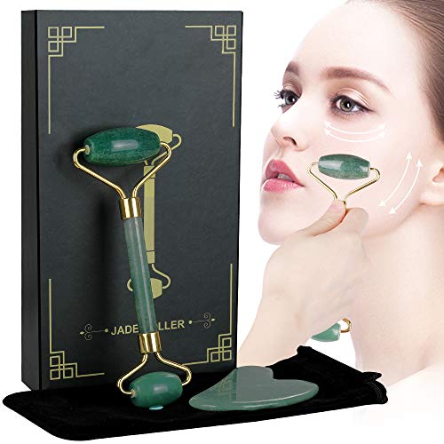 Lictin Rodillo de Jade Facial Masaje- 2 pcs Gua Sha Facial, Masajeador Cara Jade, Masajeador Roller Tools Anti Aging Belleza Natural Dispositivo Herramienta para Cara Ojos Cabeza Cuello Cuerpo