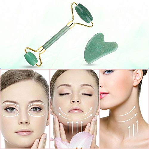 Lictin Rodillo de Jade Facial Masaje- 2 pcs Gua Sha Facial, Masajeador Cara Jade, Masajeador Roller Tools Anti Aging Belleza Natural Dispositivo Herramienta para Cara Ojos Cabeza Cuello Cuerpo