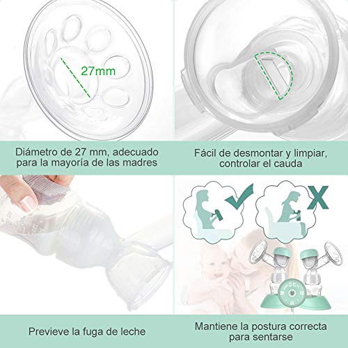 Lictin Sacaleches Eléctrico-Extractor de Leche Doble Portátil de Silicona Inteligente con Pantalla Inteligente, 2 Modos, 10 Ajustes, 10 Bolsas Ieche Materna