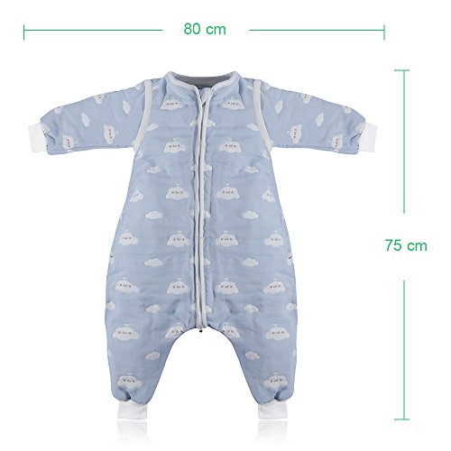 Lictin Saco de dormir para bebés con mangas extraíbles para bebés Niños de 1-3 años de 75 a 95 cm motivo de cielo azul y nubes blancas 100% al algodón orgánico