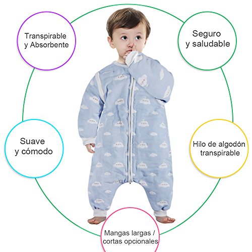 Lictin Saco de dormir para bebés con mangas extraíbles para bebés Niños de 1-3 años de 75 a 95 cm motivo de cielo azul y nubes blancas 100% al algodón orgánico