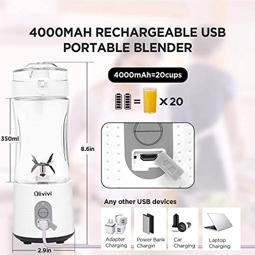 Licuadora Portatil, Mini Botella Licuadora Portatil Olivivi Con 6 Potentes Cuchillas, Batería Recargable Por USB De 4000mAh, Exprimidor Con Colador, Cepillo de Limpieza Incluido, Libre de BPA