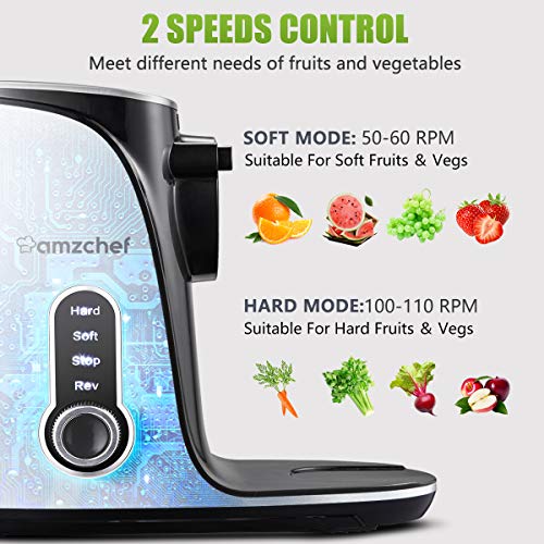 Licuadora prensada en frío, AMZCHEF licuadora de frutas y verduras, Extractor de zumos con 2 velocidades, panel de pantalla LED, 2 botellas de agua(500ML), cepillo fácil de limpiar,Plata