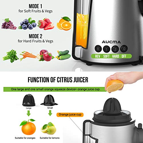 Licuadora Prensado en Frio, AUCMA Licuadora Frutas Verduras, Extractor de zumos con Función inversa, Motor Silencioso, Limpieza Fácil con Cepillo, Alto en Nutrientes para Zumo de Frutas y Verduras