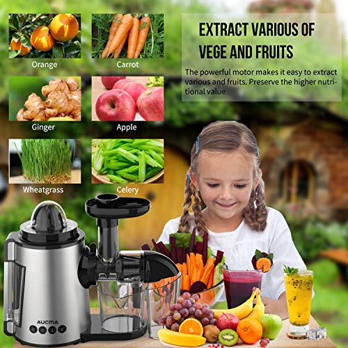 Licuadora Prensado en Frio, AUCMA Licuadora Frutas Verduras, Extractor de zumos con Función inversa, Motor Silencioso, Limpieza Fácil con Cepillo, Alto en Nutrientes para Zumo de Frutas y Verduras