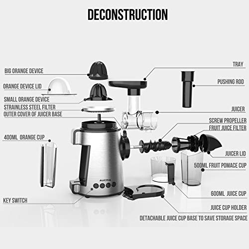 Licuadora Prensado en Frio, AUCMA Licuadora Frutas Verduras, Extractor de zumos con Función inversa, Motor Silencioso, Limpieza Fácil con Cepillo, Alto en Nutrientes para Zumo de Frutas y Verduras