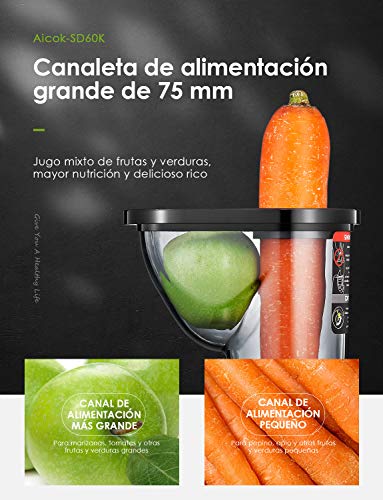 Licuadora Prensado Frío, Aicok Licuadoras Para Verduras y Frutas con Boca Ancha de 75MM, extractor de zumos con Función inversa, Slow Juicer Motor Silencioso, Libre de BPA