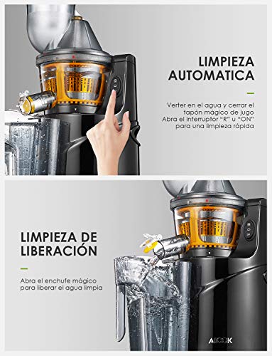 Licuadora Prensado Frío, Aicok Licuadoras Para Verduras y Frutas con Boca Ancha de 75MM, extractor de zumos con Función inversa, Slow Juicer Motor Silencioso, Libre de BPA