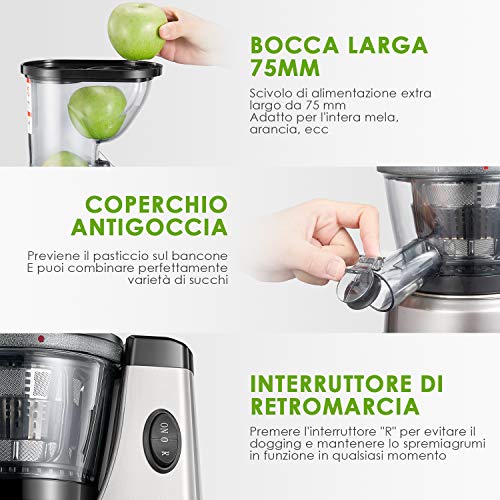 Licuadora Prensado Frio, Aicook 3 en 1 Licuadora para Frutas, Verduras, Alimentos para Bebés y Helado, Diseño de Bajo Ruido, Pre-limpieza y la Función Inversa, con Pies Antideslizante