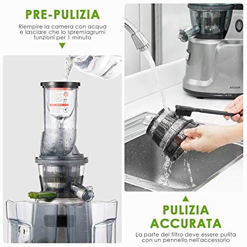 Licuadora Prensado Frio, Aicook 3 en 1 Licuadora para Frutas, Verduras, Alimentos para Bebés y Helado, Diseño de Bajo Ruido, Pre-limpieza y la Función Inversa, con Pies Antideslizante