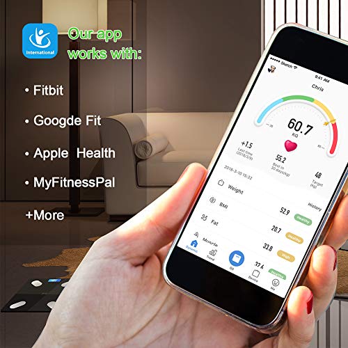 LIFE-LXC Bluetooth Báscula de Baño- Smart Báscula de baño ultrafina para medir la grasa corporal. Analizador con% de grasa corporal, IMC, edad, peso y altura (negro)-180kg/400lb