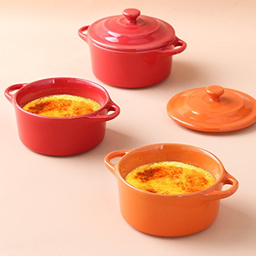 Lifver - Plato de soufflé de cerámica de 200 ml / Mini cazuela / Ramekins, Tazones de fuente de Dip-4, rojo cereza y naranja, redondos.
