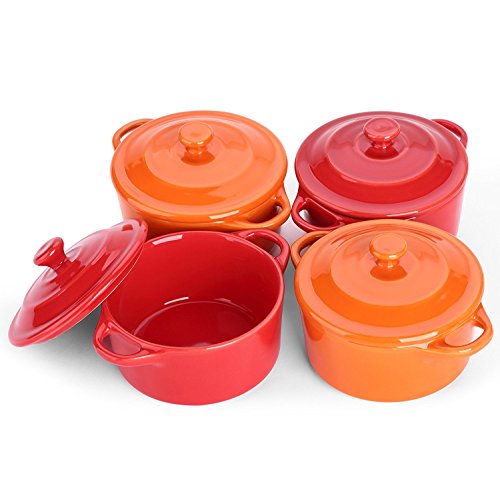 Lifver - Plato de soufflé de cerámica de 200 ml / Mini cazuela / Ramekins, Tazones de fuente de Dip-4, rojo cereza y naranja, redondos.
