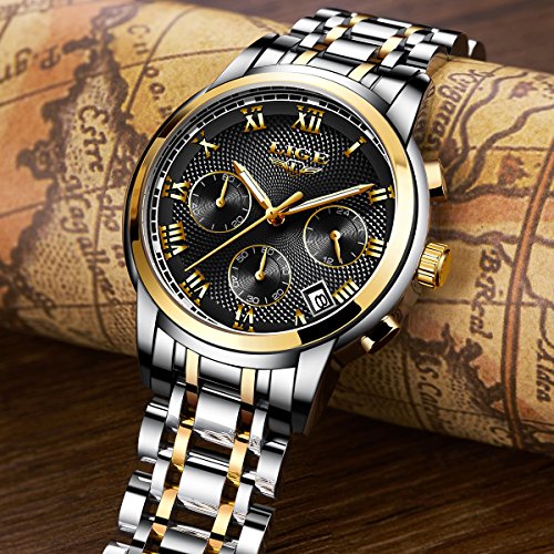 LIGE Hombres Moda Impermeable Cronógrafo Analogicos Cuarzo Relojes con Acero Inoxidable Negro Reloj para Hombre