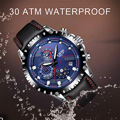 LIGE Relojes Hombre Azul Negocio Cuarzo Relojes Moda Impermeable Negro Cuero Relojes Militar Deportes Cronógrafo Relojes