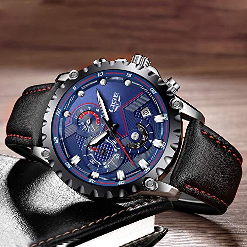 LIGE Relojes Hombre Azul Negocio Cuarzo Relojes Moda Impermeable Negro Cuero Relojes Militar Deportes Cronógrafo Relojes