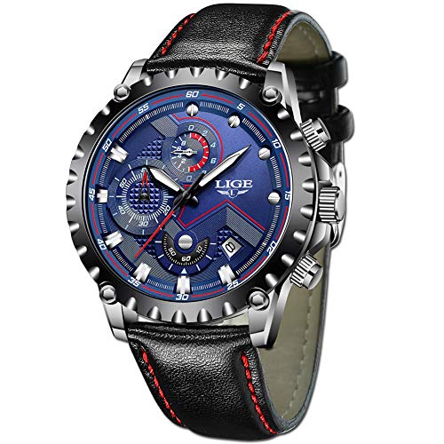 LIGE Relojes Hombre Azul Negocio Cuarzo Relojes Moda Impermeable Negro Cuero Relojes Militar Deportes Cronógrafo Relojes