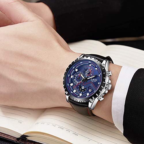 LIGE Relojes Hombre Azul Negocio Cuarzo Relojes Moda Impermeable Negro Cuero Relojes Militar Deportes Cronógrafo Relojes