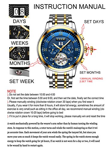 LIGE Relojes Hombre Moda Acero Inoxidable Impermeables Mecánico Automático Reloj Hombre Lujoso Comercio Cronógrafo Calendario Militar Deportivo Luminoso Casual con Números Romanos Dial