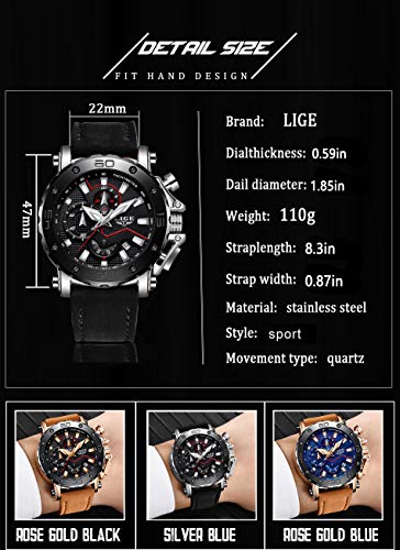 LIGE Relojes Hombre Moda Impermeable Deportivo Cuarzo Relojes de Hombre Cronógrafo Casual Negro Cuero Reloj de Pulsera