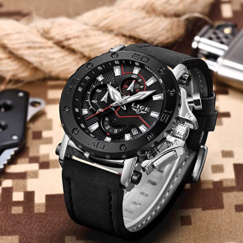 LIGE Relojes Hombre Moda Impermeable Deportivo Cuarzo Relojes de Hombre Cronógrafo Casual Negro Cuero Reloj de Pulsera