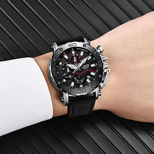 LIGE Relojes Hombre Moda Impermeable Deportivo Cuarzo Relojes de Hombre Cronógrafo Casual Negro Cuero Reloj de Pulsera