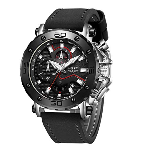 LIGE Relojes Hombre Moda Impermeable Deportivo Cuarzo Relojes de Hombre Cronógrafo Casual Negro Cuero Reloj de Pulsera
