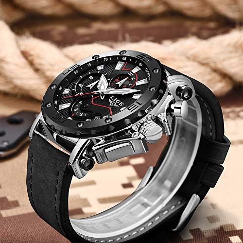 LIGE Relojes Hombre Moda Impermeable Deportivo Cuarzo Relojes de Hombre Cronógrafo Casual Negro Cuero Reloj de Pulsera