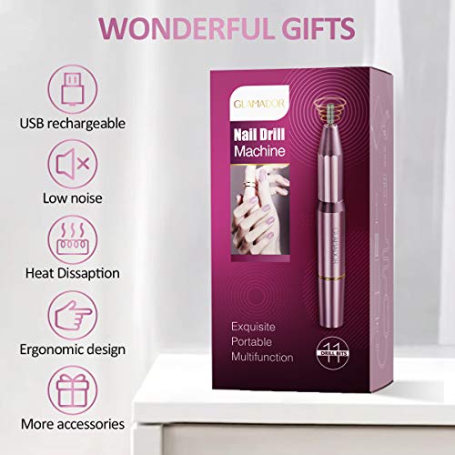 Lima de Uñas Eléctrica, Torno para Uñas Profesional, GLAMADOR Kit de Manicura Eléctrico con 11 Accesorios de Molienda, 30 Bandas de Lijado, 7 Cepillos,100 Plantillas,Set de Manicura para Salón/DIY