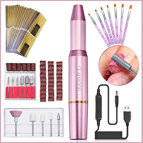 Lima de Uñas Eléctrica, Torno para Uñas Profesional, GLAMADOR Kit de Manicura Eléctrico con 11 Accesorios de Molienda, 30 Bandas de Lijado, 7 Cepillos,100 Plantillas,Set de Manicura para Salón/DIY
