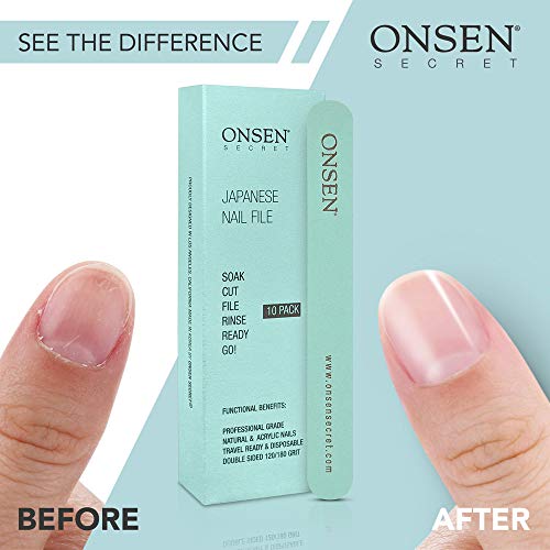 Lima de uñas japonesa Onsen, paquete de 10 limas de uñas profesionales, limas de uñas acrílicas y naturales de doble cara, grano 120/180, desechable, lima de salón, lima de uñas para uñas brillantes