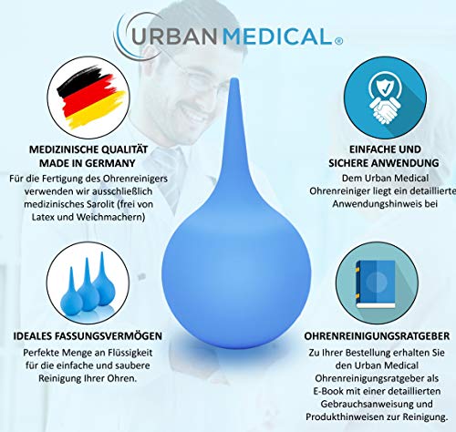 Limpiador de oídos médico de Urban Medical ® [2019] | 135 ml | Limpieza profesional y eliminador de cera de oidos por medio de un enjuague interno auditivo | Incluye instrucciones de uso