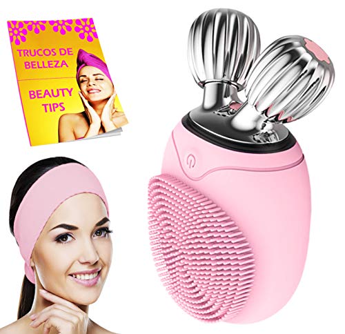 Limpiador facial electrico con diadema maquillaje y libro cepillo masajeador facial y limpieza facial profunda por vibracion lifting facial V control tiempo uso impermeable IPX6 rosa