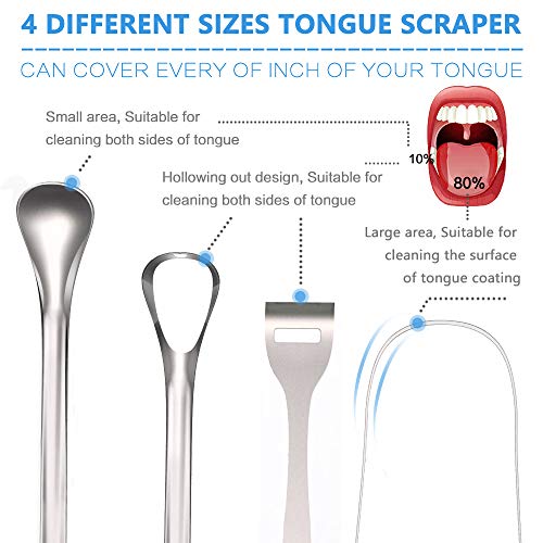 Limpiador lingual de acero inoxidable, paquete de 4 unidades, acero inoxidable, metal, raspador lingual con bolsa de transporte (Plata, 4x)