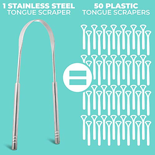 Limpiador lingual de acero inoxidable, paquete de 4 unidades, acero inoxidable, metal, raspador lingual con bolsa de transporte (Plata, 4x)