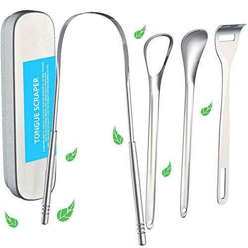 Limpiador lingual de acero inoxidable, paquete de 4 unidades, acero inoxidable, metal, raspador lingual con bolsa de transporte (Plata, 4x)