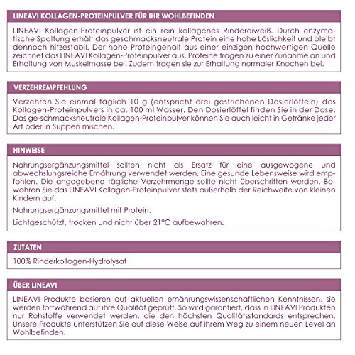 LINEAVI Colágeno Hidrolizado, proteína en polvo, 100% colágeno de vacuno, fabricado en Alemania, el colágeno refuerza el tejido conjuntivo, 410 g
