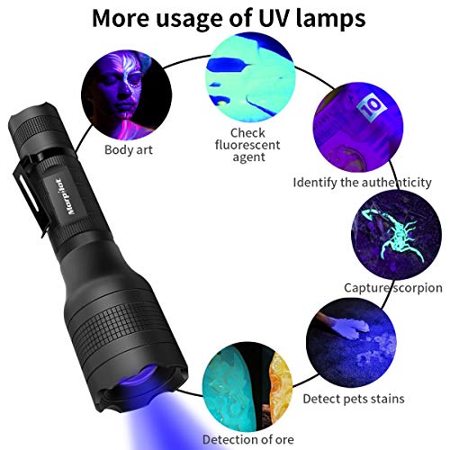 Linterna recargable Morpilot 2 EN 1 UV y LED Linterna Táctica con clip de bolsillo, 500 lúmenes y 4 modos de luz Linterna Zoom OUT/IN Impermeable IPX 4 (batería y cargador incluidos)