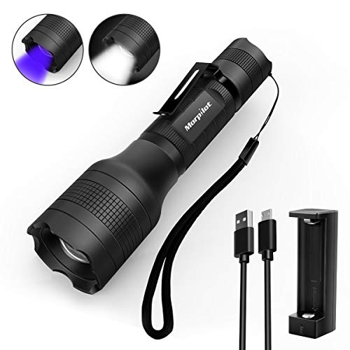 Linterna recargable Morpilot 2 EN 1 UV y LED Linterna Táctica con clip de bolsillo, 500 lúmenes y 4 modos de luz Linterna Zoom OUT/IN Impermeable IPX 4 (batería y cargador incluidos)