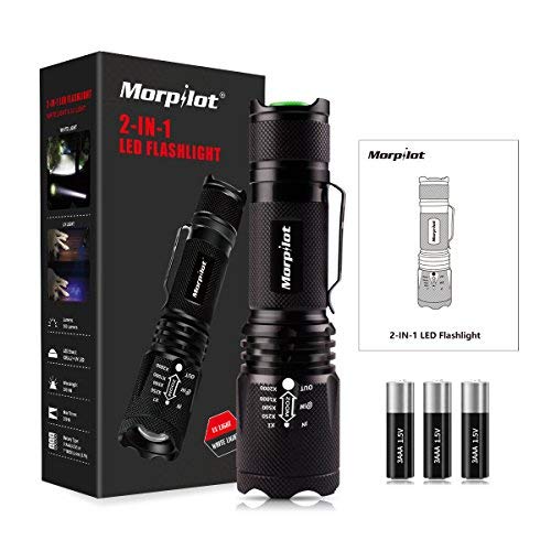 Linterna Táctica y UV 2 en 1, Linterna LED 500LM, Linterna Militar, Luz UV con 4 Modos, Zoom IN/OUT, 395nm, Aluminio, Anti-caída, Impermeable IPX4, 3 Baterías Incluidas