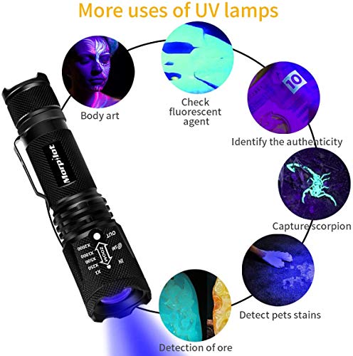 Linterna Táctica y UV 2 en 1, morpilot 2 Paquete Linterna LED 500LM, Linterna Ultravioleta, Luz UV con 4 Modos, Zoom IN/OUT, 395nm, Aluminio, Anti-caída, Impermeable IPX4, 3 Baterías Incluidas