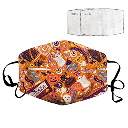 LINTONG Halloween Adulto Cara Lavable Calavera De Calabaza PatróN De ImpresióN A Prueba De Polvo Ma`Scara (1Pc + 2 Filtros)