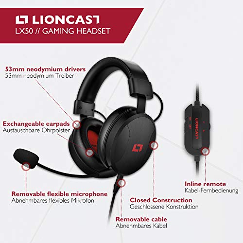 Lioncast LX50 Cascos Auriculares estéreo con micrófono desmontable, dos controladores de 53 mm, supresión de ruido, almohadillas de oídos intercambiables, para PC, PS4, Xbox, consola Nintendo o móvil