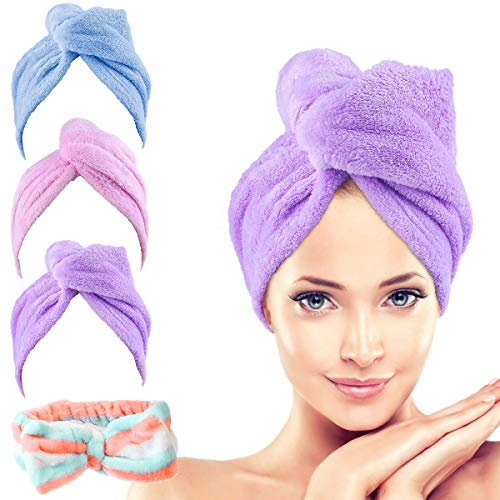 Litthing 4 Pcs Pelo Secado Rápido Toallas para Pelo Toalla Turbante Microfibra,Toalla para Cabello Seco,Toalla Súper Absorbente, Pelo Seco Sombreros,Turbante con Botón, Apto para Todo Tipo de Cabello